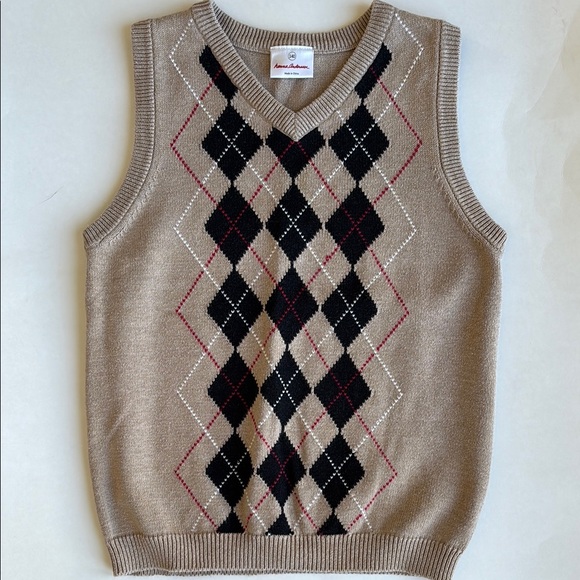Hanna Andersson Tan Black Red Argyle Cotton Sweater Vest Boys Size 140 / 10 NWOT - Picture 1 of 9